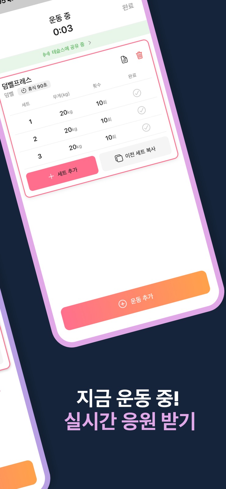 쉐어핏 운동 기록 — 세트·무게·휴식 타이머
